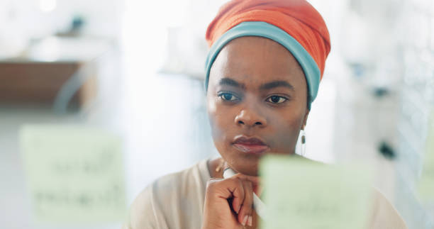 istock Thinking, idea and black woman with sticky notes for planning, strategy and brainstorming ideas. Post it, creative office and female employee writing for presentation, business meeting and schedule 1682777451