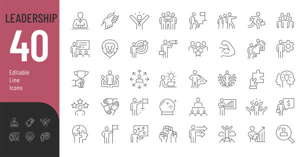 ilustraciones, imágenes clip art, dibujos animados e iconos de stock de conjunto de iconos editables de la línea de liderazgo. - desafío
