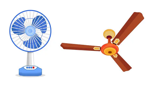 Vector illustration of Table fan of blue color and ceiling fan of brown color