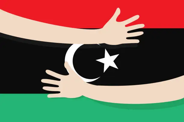 Vector illustration of Support for Libya, Libyan Flag With a Hug embrace sign hurricane disaster vector illustration