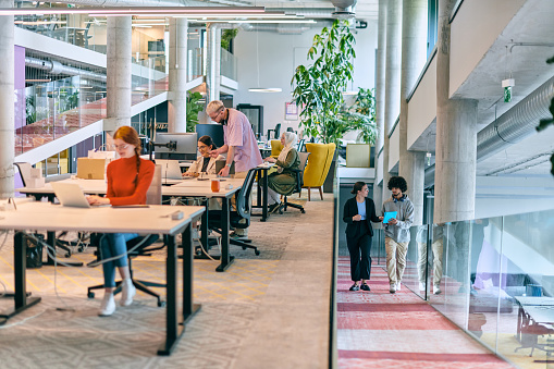 In a modern startup office, a diverse group of young professionals collaboratively tackles various business problems and challenges, surrounded by their engaged colleagues, fostering innovation and productivity.