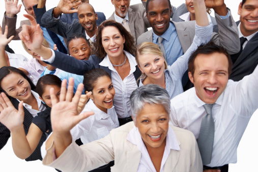 High angle view of multi ethnic business executives cheering