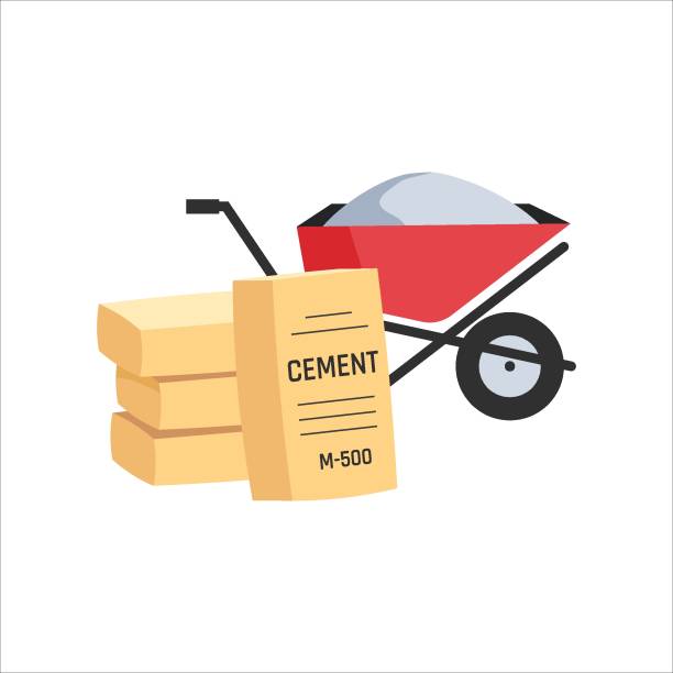 Wheelbarrow with cement, cartoon icon Wheelbarrow with cement. Concrete production concept. Vector cartoon illustration isolated on a white background. ballast stock illustrations