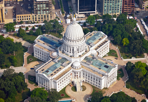 An aerial photograph of the Wisconsin State Capitol taken in the summer during the morning. Canon 5D camera, Adobe RGB color profile.
