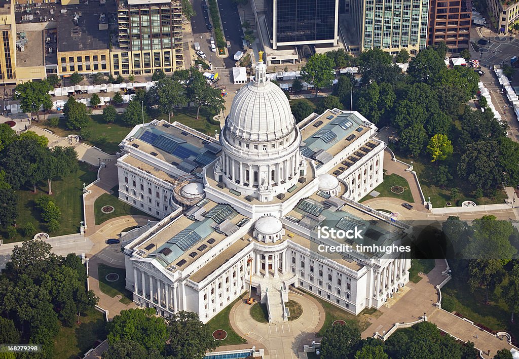 Aerial photograph of Wisconsin State Capitol An aerial photograph of the Wisconsin State Capitol taken in the summer during the morning. Canon 5D camera, Adobe RGB color profile. Madison - Wisconsin Stock Photo