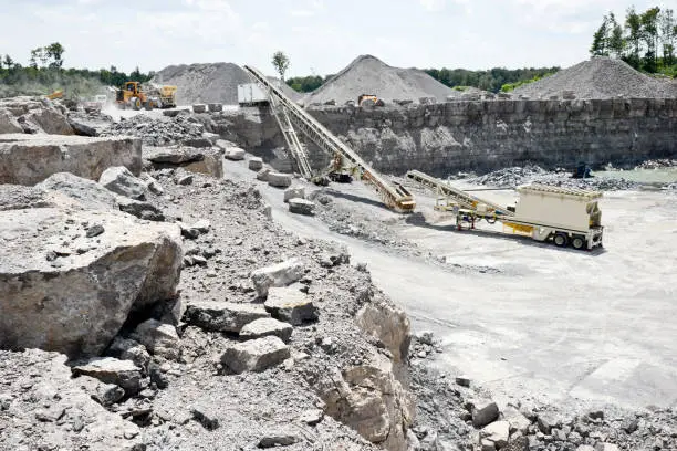 Photo of Limestone quarry with modern crushing and screening equipment.