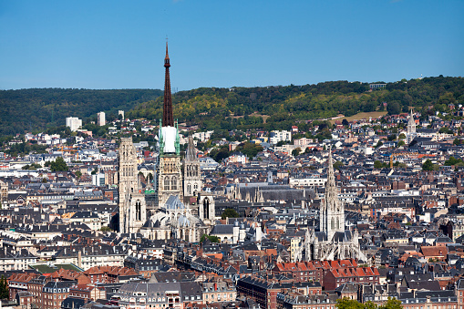 Aerial view of the Cathedral of Rouen and the church of Saint-Maclou in Rouen, Normandy, France.