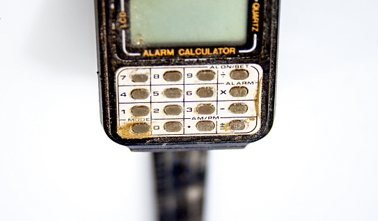 dirty and dusty digital vintage retro wristwatch 70s 80s , alarm multifunctional chronograph scratched and used.