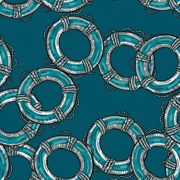 Vector illustration of Vintage lifebuoy with rope sketch seamless pattern. Hand drawn life ring in engraving style wallpaper.