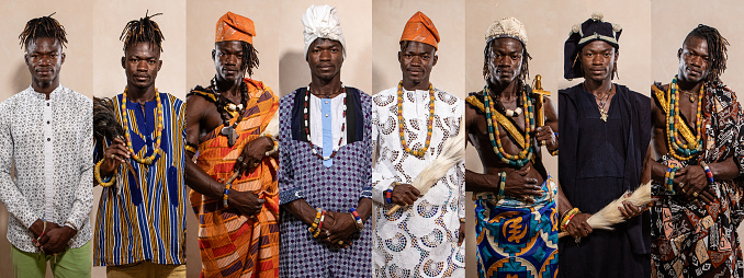 Collage of portraits of an African boy wearing different typical ethnic clothing. Colorful dresses and fashon accessories