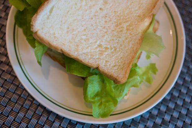 Homemade sandwich with fresh vegetables on dish. Close up
