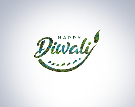 Happy Diwali Festival- Green Diya lamps lit on colorful diwali background green leaf eco concept. Deepavali or dipavali the festival of lights, diwali celebration, fesrival, green concept.