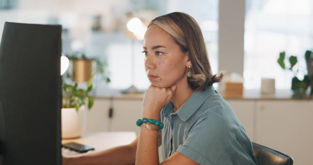 istock Thinking, corporate and woman with a laptop, problem solving and online reading with progress report, budget planning or solution. Person, professional and financial adviser with computer or decision 1682934169