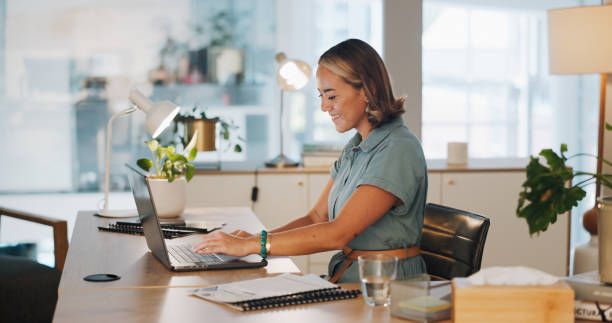 istock Thinking, data analysis or happy business woman with computer for company growth, social network or marketing SEO target review. Innovation, startup or manager with tech for social media analytics target 1682934406