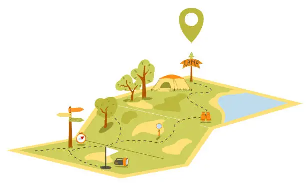 Vector illustration of Route for hiking with tents, signpost, compass
