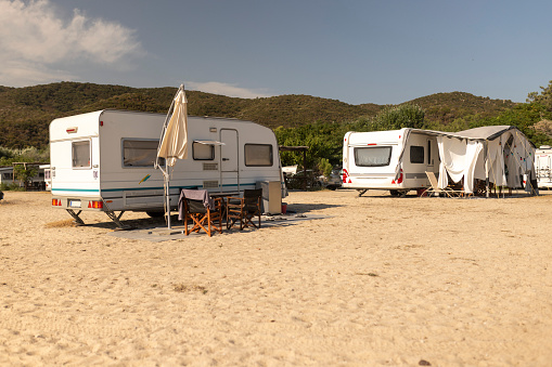 Caravans on the beach during a sunny summer day