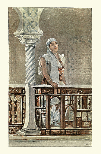 Vintage illustration, Arab North African woman in traditional drees, French, 1890s, 19th Century