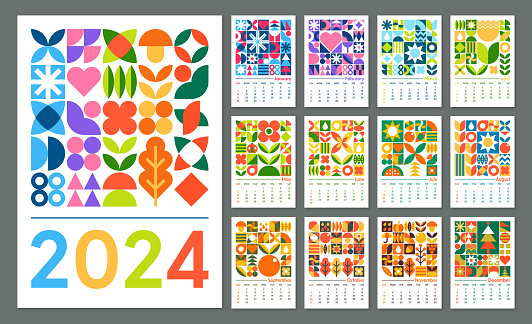 Calendar 2024 - Abstract Geometric Bauhaus Shape Style. Calendar Leaves with Monthes: January, February, March, April, May, June, July, August, September, October, November, December and Cover