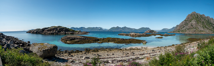 View of the small islands off the fishing village of Henningsvaer on the southern coast of the AustvÃ¥gÃ¸ya island, Lofoten Islands, Nordland, Norway