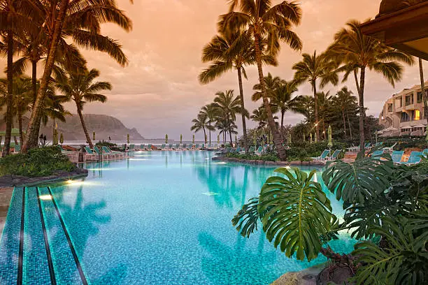 Luxurious Hawaiian 5 star resort with pool view toward ocean and mountains.
