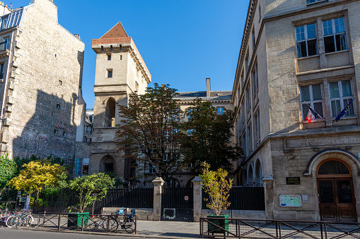 Paris, France - September 15, 2023: Exterior view of the Tower of Jean-sans-Peur, built in Paris in the 15th century by Duke John I of Burgundy, also known as “Jean sans Peur”