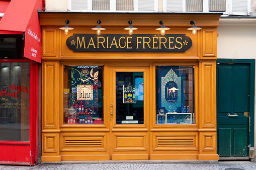 Paris, France - September 15, 2023: Exterior view of the Mariage Frères boutique located rue Montorgueil in Paris, France. Mariage Frères is a luxury tea house founded in Paris in 1854