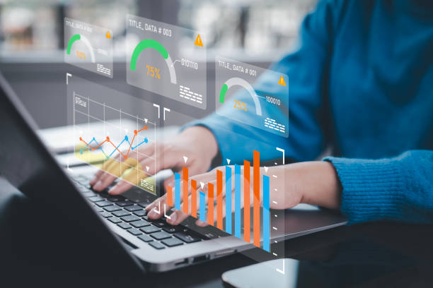 Working Data Analytics and Data Management Systems and Metrics connected to corporate strategy database for Finance, Intelligence,  Business Analytics with Key Performance Indicators, social network stock photo