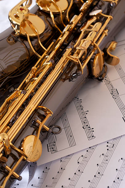 istock Tenor Saxophone resting on sheet music 168306162