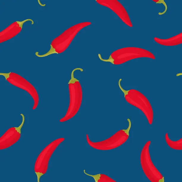 Vector illustration of Vector Seamless Pattern with Red Hot Chili Peppers on Blue Background. Spicy Chili Hot or Bell Pepper, Design Template for Textile, Apparel, Wallpaper Print