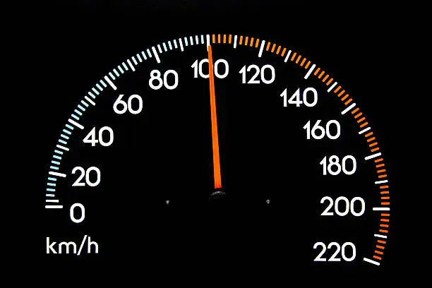 Speedometer with needle displaying 100 kmh
