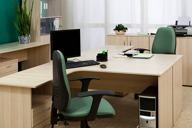 computer on a desk computer on a desk in a modern office neat office stock pictures, royalty-free photos & images