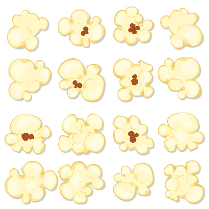 Set of popcorn vector illustrations, and cartoon icons, isolated on a white background for film, cinema, food, theater, and design.