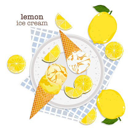 Vector illustration of lemon ice cream in a plate, waffle cone, cartoon style, top view, isolated on white background for food design menu.