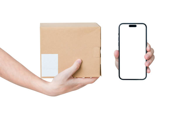 istock Hand showing the smartphone and holding the parcel box isolated on white background. 1683093691