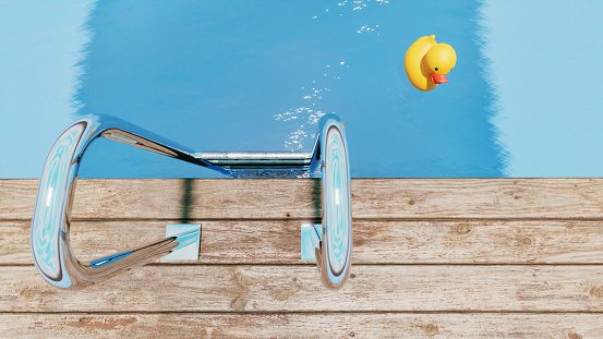 Rubber duck in a swimming pool down the ladder. CGI