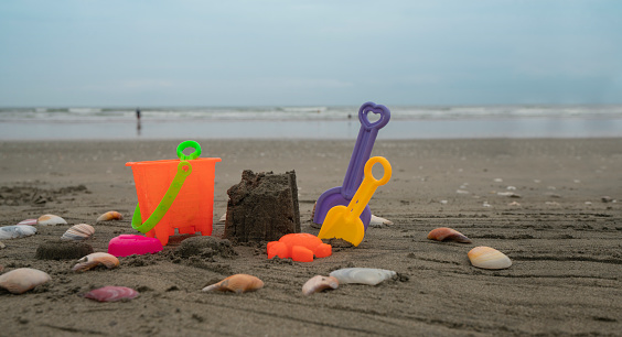 Beach toys, yellow and purple shovels and red bucket on the sand surrounded by shells with the sea and blue sky in the background