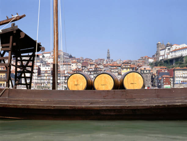 istock Port wine barrels on a boat on River Douro 1683112234