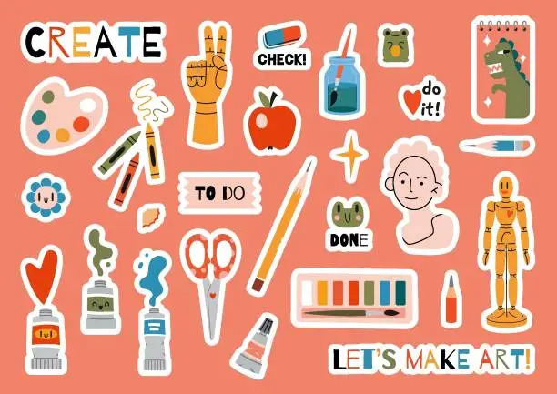 Vector illustration of Set of stickers for planner and diaries, vector flat illustration. Cute sticker pack with painting tools elements and art supplies, cartoon trendy image. Decorations for notebook, flat design