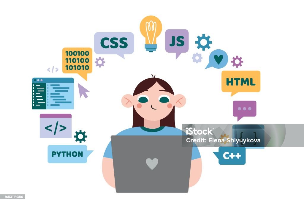 Writing Code Photo Cartoon Girl Writes Code On Laptop Programming Education For Children Cartoon ...