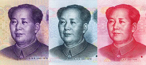 Close-up of Mao Zedong's portrait on 5 Yuan RMB,10 Yuan RMB,100 Yuan RMB (China Currency).