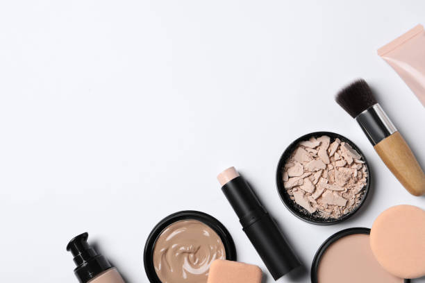 istock Foundation, beauty accessories and face powders on white background, flat lay. Space for text 1683141693