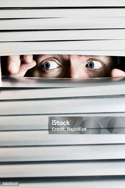 Wide Eyed Worried Man Looks Through Venetian Blinds Stock Photo - Download Image Now