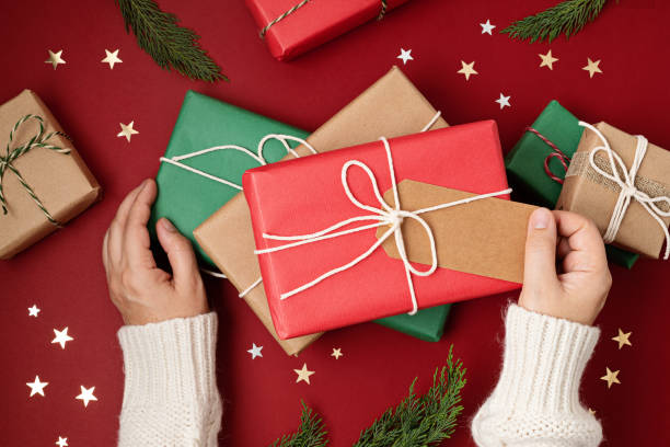 istock Christmas background with gift boxes. Xmas celebration, preparation for winter holidays, secret Santa concept. Festive mockup, top view, flat lay 1683165155