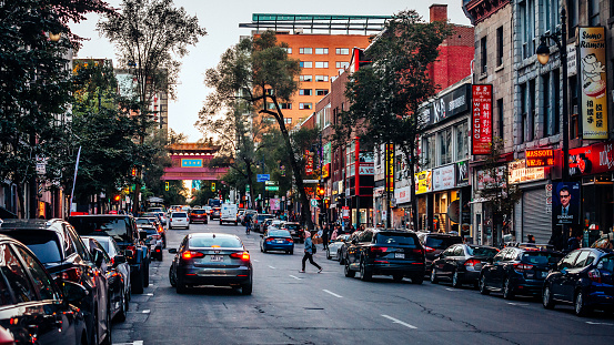 Montreal, Canada -  Evening traffic and people in Chinatown district