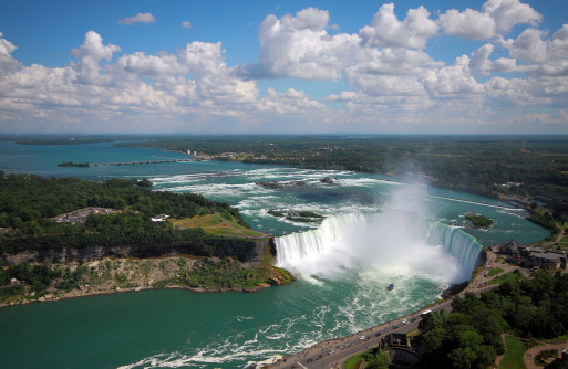 Niagara Falls and Niagara River with wide angle aerial view