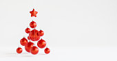 Decoration made of Christmas tree bubbles forming the shape of a Christmas tree. Selective focus. Christmas decoration. 3D render.
