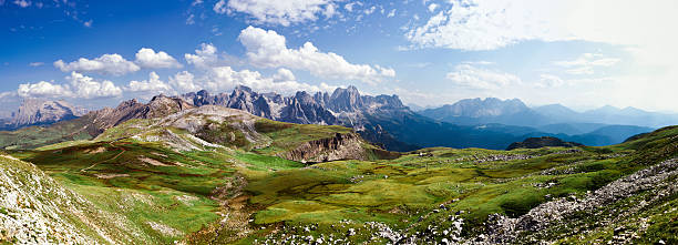 Alpine Landscape, Dolomites, Italian Alps Mountain Panoramic European alps, Italian Dolomites during a bright blue summer day.  catinaccio stock pictures, royalty-free photos & images