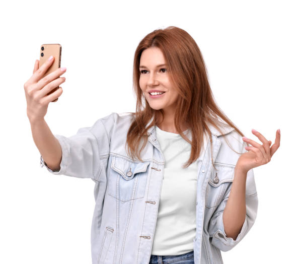 istock Beautiful woman taking selfie on white background 1683225539