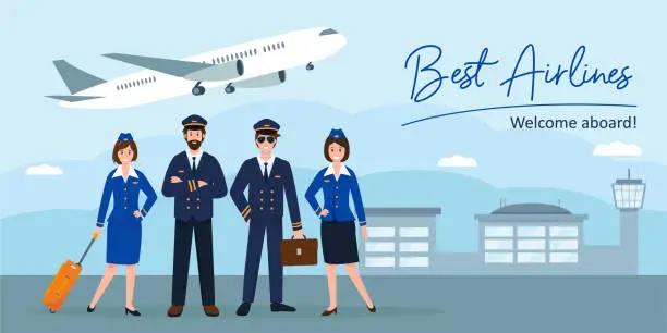 Vector illustration of Airlines banner. Airplane staff or crew and plane at the airport. Professional Team of smiling airline workers characters.