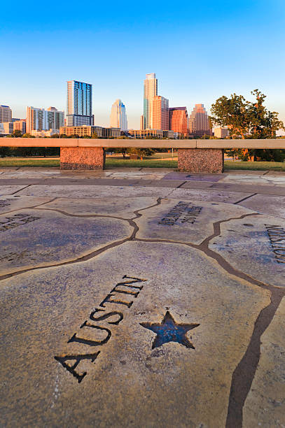 Austin skyline with Texas map in foreground. Austin Texas skyline austin texas photos stock pictures, royalty-free photos & images